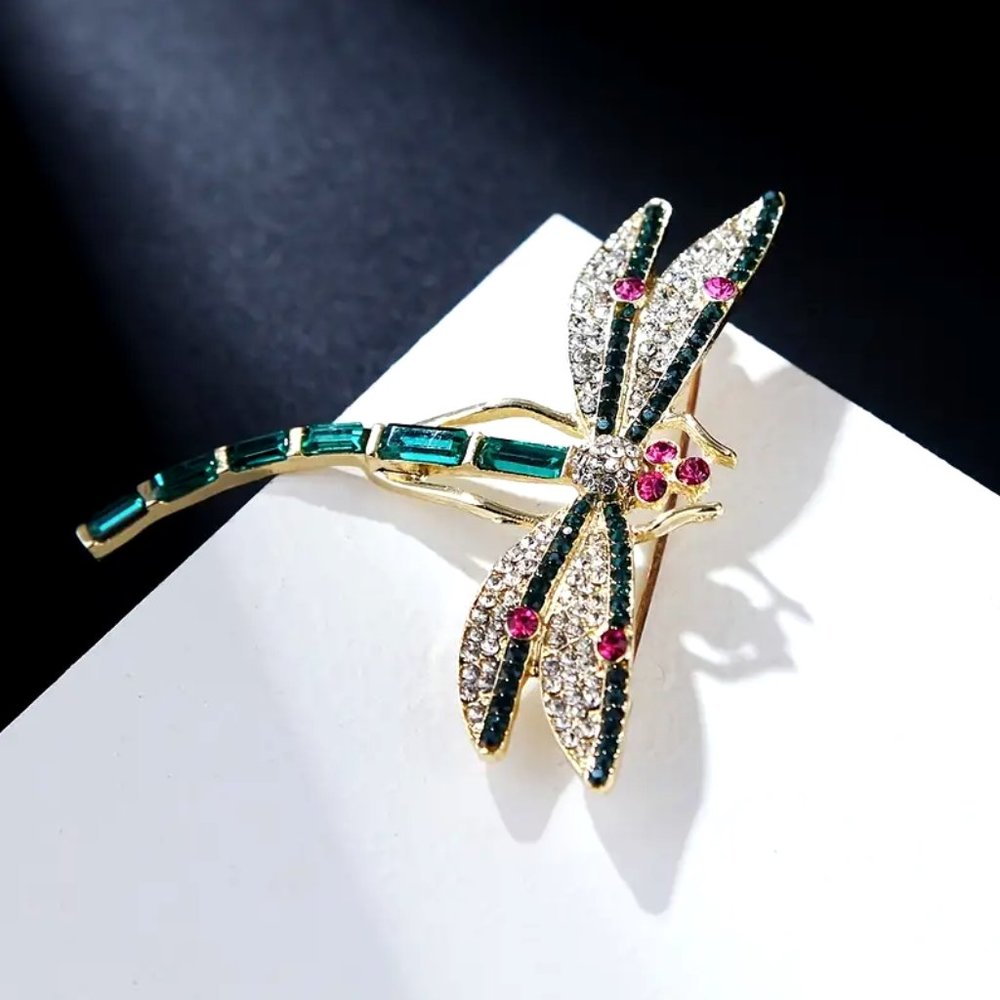Beautiful Large Vintage Style Inlaid Rhinestone • Dragonfly Brooch